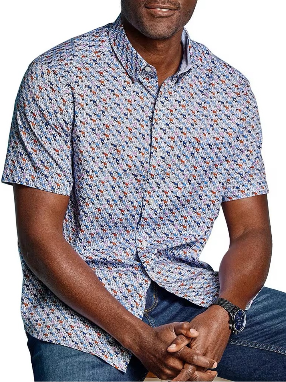 Johnston & Murphy Short Sleeve Button Front Shirt Mini Lab Print Size L Preppy